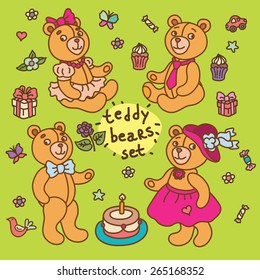 Teddy bears and a set of accessories and anniversary cake