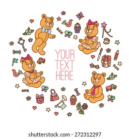 Teddy bears and a set of accessories around space for text