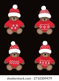 Conjunto de ositos de peluche. Juguetes de Oso de Navidades. Osos de bebé divertidos en sombreros rojos, suéteres. Linda Colección de Juguetes Suaves. Ilustración vectorial en rojo, blanco, marrón, negro