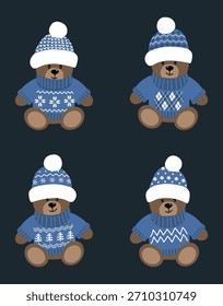 Conjunto de ositos de peluche. Juguetes de Oso de Navidades. Osos de bebé divertidos en sombreros azules, suéteres. Linda Colección de Juguetes Suaves. Ilustración vectorial en Azul, Blanco, Marrón, Negro
