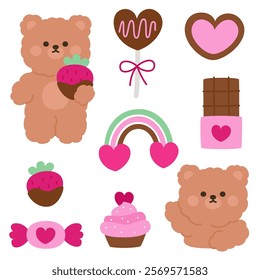 Teddy Bears with Sweet Treats and Love-Themed Symbols Vector Illustration