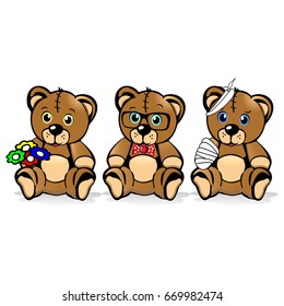 Teddy bears. Three cute teddy bears, the first one is holding a bunch of flowers. The second one is the serious one wearing glasses and a tie. The third one had an accident and his arm is bandaged.