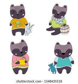 Teddy bears with toys.  Bears in clothes.