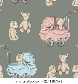 
Teddy bears and vintage baby strollers. Engraved vector seamless pattern. Pastel colors. Retro background.
