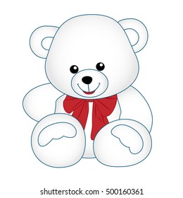 Teddy with bow. Outlined bear toy vector illustration. Isolated on white.
