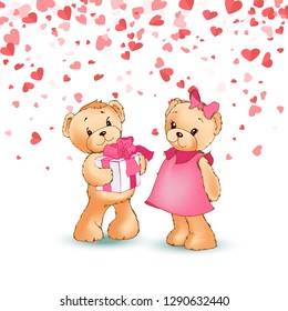 Teddy boy giving gift box to girl, present wrapped wide ribbon, festive card with hearts. Toy character with pink bow, cartoon bear Valentine day vector