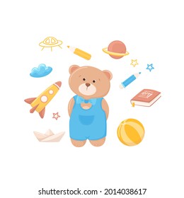 Teddy boy with toys elements set. Cute bear, rocket, planet, cloud, ball, book and paper boat. Pencils drawing ufo ship and outline stars. Vector stickers, poster, baby's card, kids illustration.