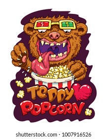 Teddy Brown in glasses likes popcorn. T shirt design. Sticker cartoon atr