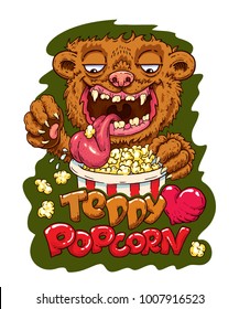 Teddy Brown without glasses loves popcorn on green background. T shirt design. Sticker cartoon atr