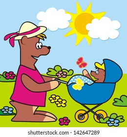 Teddy and buggy, vector illustration
