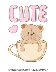 Teddy lindo oso juguete en taza de café, ilustración vectorial para camiseta.