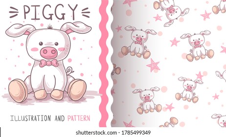 Teddy cute pig - seamless pattern