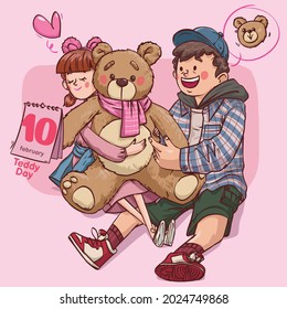 Teddy day super cute love cheerful romantic valentine couple dating gift for card or banner with doodle hand drawn full colour illustration