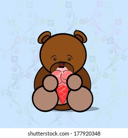 teddy at dessert time eating an ice cream ball, blue background with vintage flowers.