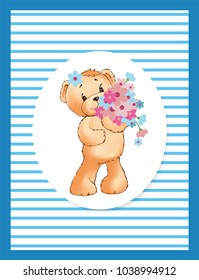 Teddy girl with bouquet of spring flowers in oval shape frame vector greeting card design isolated on striped background. Female bear with blossoms