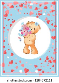 Teddy holding flowers, plush toy in circle. Valentine postcard decorated by hearts and frame, character with blossoms. Romantic card with furry bear vector