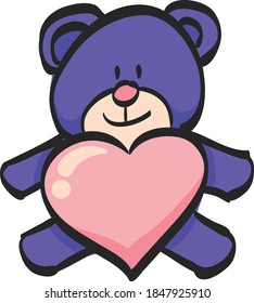 Teddy holding heart shape icon in color drawing. Valentine love couple present