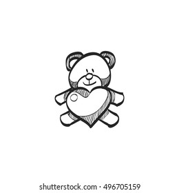 Teddy holding heart shape icon in doodle sketch lines. Valentine love couple present