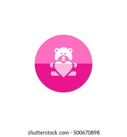 Teddy holding heart shape icon in flat color circle style. Valentine love couple present
