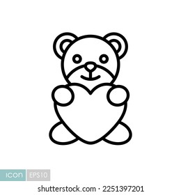 Teddy holding in the paws of big heart icon. Valentine day symbol. Vector illustration, romance elements. Sticker, patch, badge, card for marriage, wedding