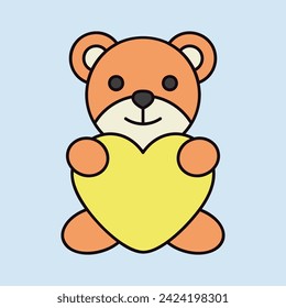 Teddy holding in the paws of big heart icon. Valentine day symbol. Vector illustration, romance elements. Sticker, patch, badge, card for marriage, wedding