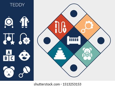 teddy icon set. 13 filled teddy icons.  Simple modern icons about  - Crib, Teddy bear, Rattle, Toy, Baby, Crib toy, Pijama