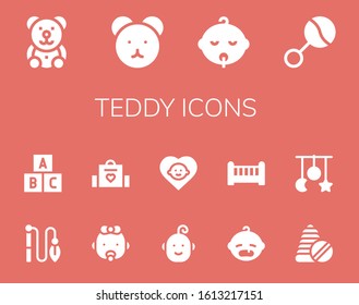 teddy icon set. 14 filled teddy icons. Included Teddy bear, Baby, Rattle, Toy, Baby bag, Crib, Toys, Crib toy icons