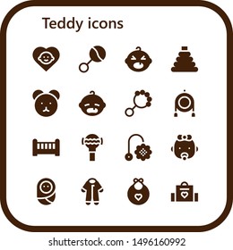 teddy icon set. 16 filled teddy icons.  Collection Of - Baby, Rattle, Toy, Teddy bear, Crib, Pijama, Baby bib, Baby bag