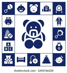 teddy icon set. 17 filled teddy icons.  Simple modern icons such as: Rattle, Baby, Toys, Teddy bear, Toy, Pijama, Baby bib, Crib, Baby bag