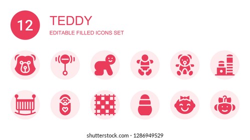 teddy icon set. Collection of 12 filled teddy icons included Bear, Rattle, Baby, Teddy bear, Crib, Ground pad, Toy