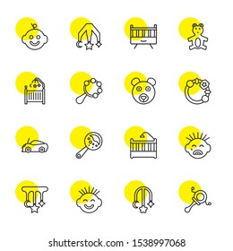 teddy icons. Editable 16 teddy icons. Included icons such as Rattle, Baby mobile, Baby boy, Crib, Car toy, Bear, Teddy Bear, Baby. trendy icons for web.
