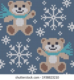 Teddy jacquard knitted seamless pattern. Cute bear on winter snowflakes background for baby wear knitting design. Vector illustration.
