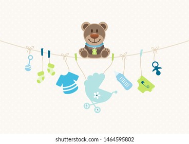 Teddy On Bended String With Baby Icons Boy Dots Background Beige