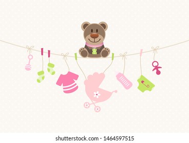 Teddy On Bended String With Baby Icons Girl Dots Background Beige