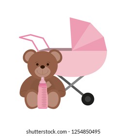 teddy and pram with bottle