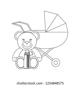 teddy and pram with bottle in black and white