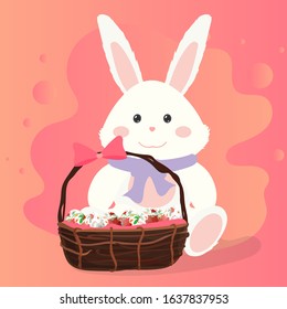 Teddy rabbit with basket of easter eggs vector illustration. Plush toy hare. Good for easter illustration. Vector icon
