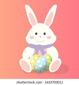 Teddy rabbit with easter eggs vector illustration. Plush toy hare. Good for easter illustration. Vector icon