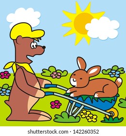 Teddy and rabbit, funny vector illustration