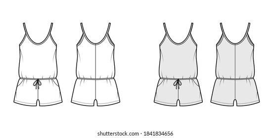 Teddy romper bodysuit technical fashion illustration with scoop neck, shirred shorts. Flat one-piece underwear apparel template front, back white grey color. Women unisex Pajamas Nightwear CAD mockup