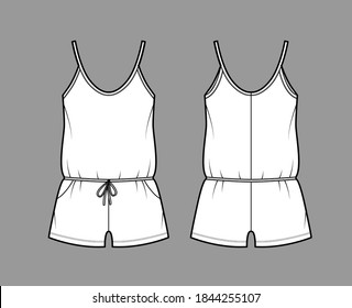 Teddy romper bodysuit technical fashion illustration with scoop neck, shirred shorts. Flat one-piece underwear apparel template front, back white color. Women unisex Pajamas Nightwear CAD mockup