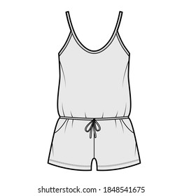 Teddy romper bodysuit technical fashion illustration with scoop neck, shirred shorts. Flat one-piece underwear apparel template front, grey color. Women men unisex Pajamas Nightwear CAD mockup