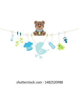 Teddy Sitting On String Curve With Hanging Baby Icons Boy