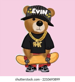 Teddy and Skateboard Print. Fashion t-shirt print. Teddy bear and slogan