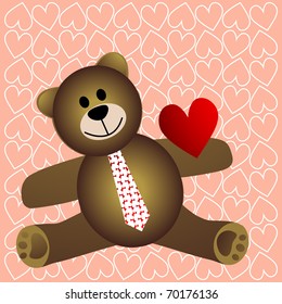 Teddy with tie with heart pattern - scattered heart pattern background