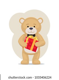 Teddy toy with black bow holds present box in paws vector illustration greeting card design with cartoon bear character isolated on white background