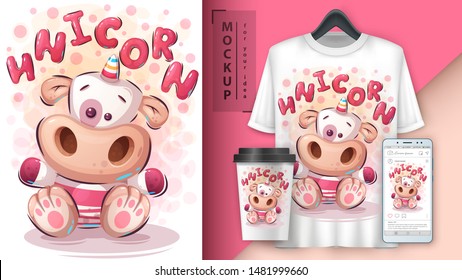 Teddy unicorn poster and merchandising. Vector eps 10