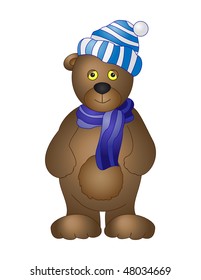 Teddy-bear in a cap and a scarf