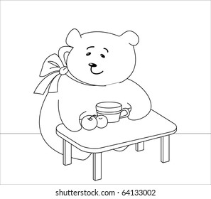 Teddy-bear girl-bear sits at a table, eats peaches and drinks juice, contours