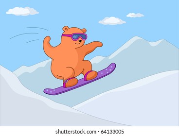 Teddy-bear goes for a drive on a snowboard against mountains